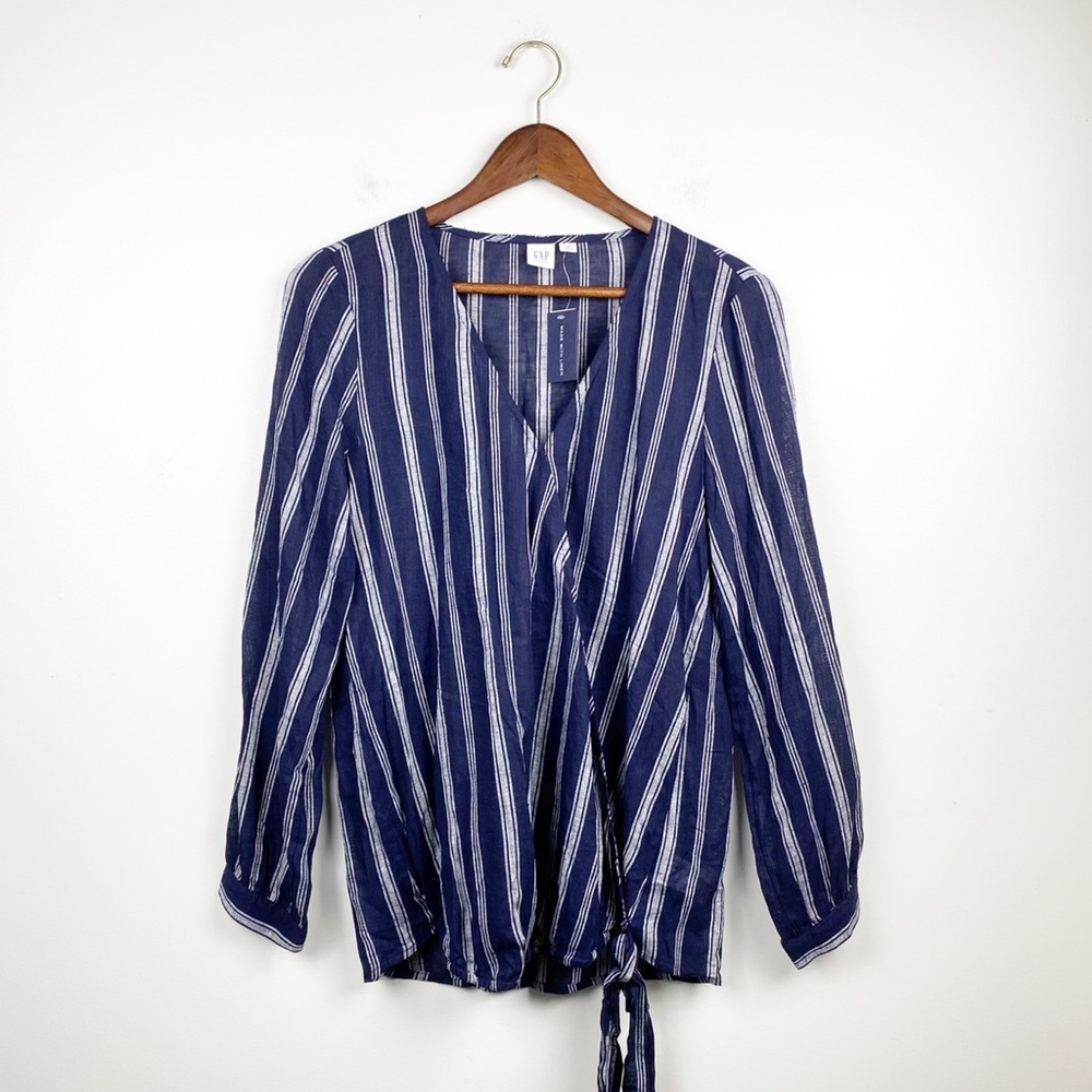 Gap Maternity Linen Wrap Striped Shirt Navy